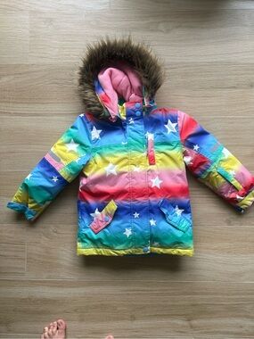 Boden Rainbow Star Ski Jacket with Faux Fur Hood - Multi